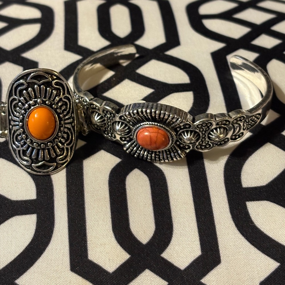 Silver and Orange Stone Bracelet and Ring Set